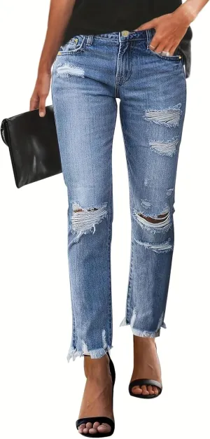 Women's Ripped Jeans Straight Leg Distressed Boyfriend Denim Pants