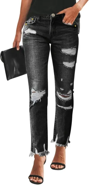 Women's Ripped Jeans Straight Leg Distressed Boyfriend Denim Pants