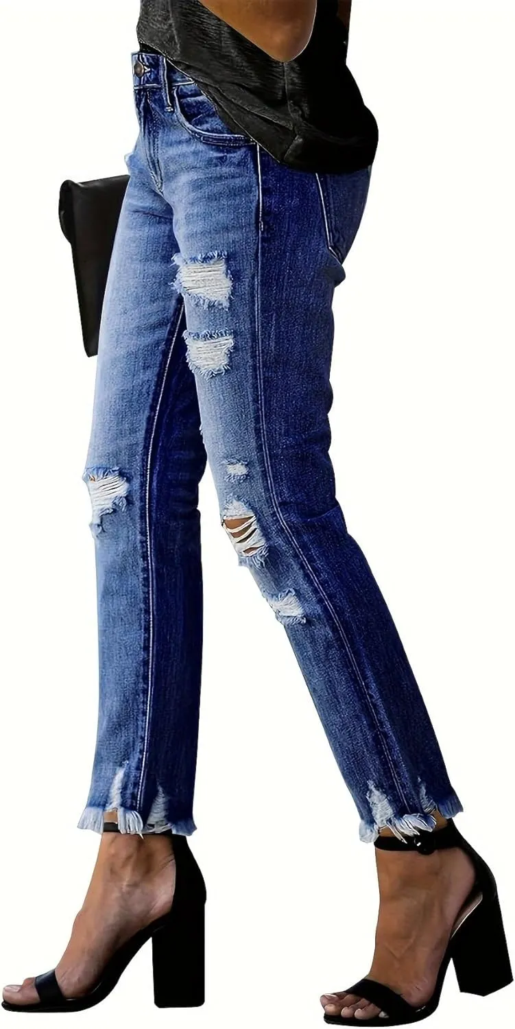 Women's Ripped Jeans Straight Leg Distressed Boyfriend Denim Pants