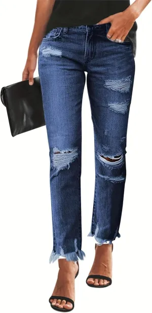 Women's Ripped Jeans Straight Leg Distressed Boyfriend Denim Pants