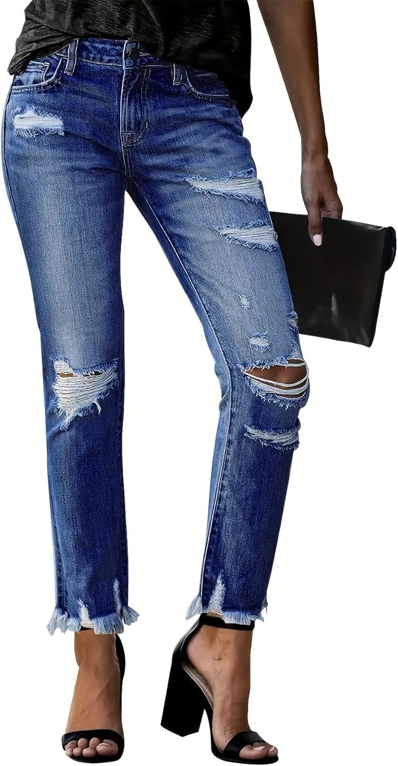 Women's Ripped Jeans Straight Leg Distressed Boyfriend Denim Pants