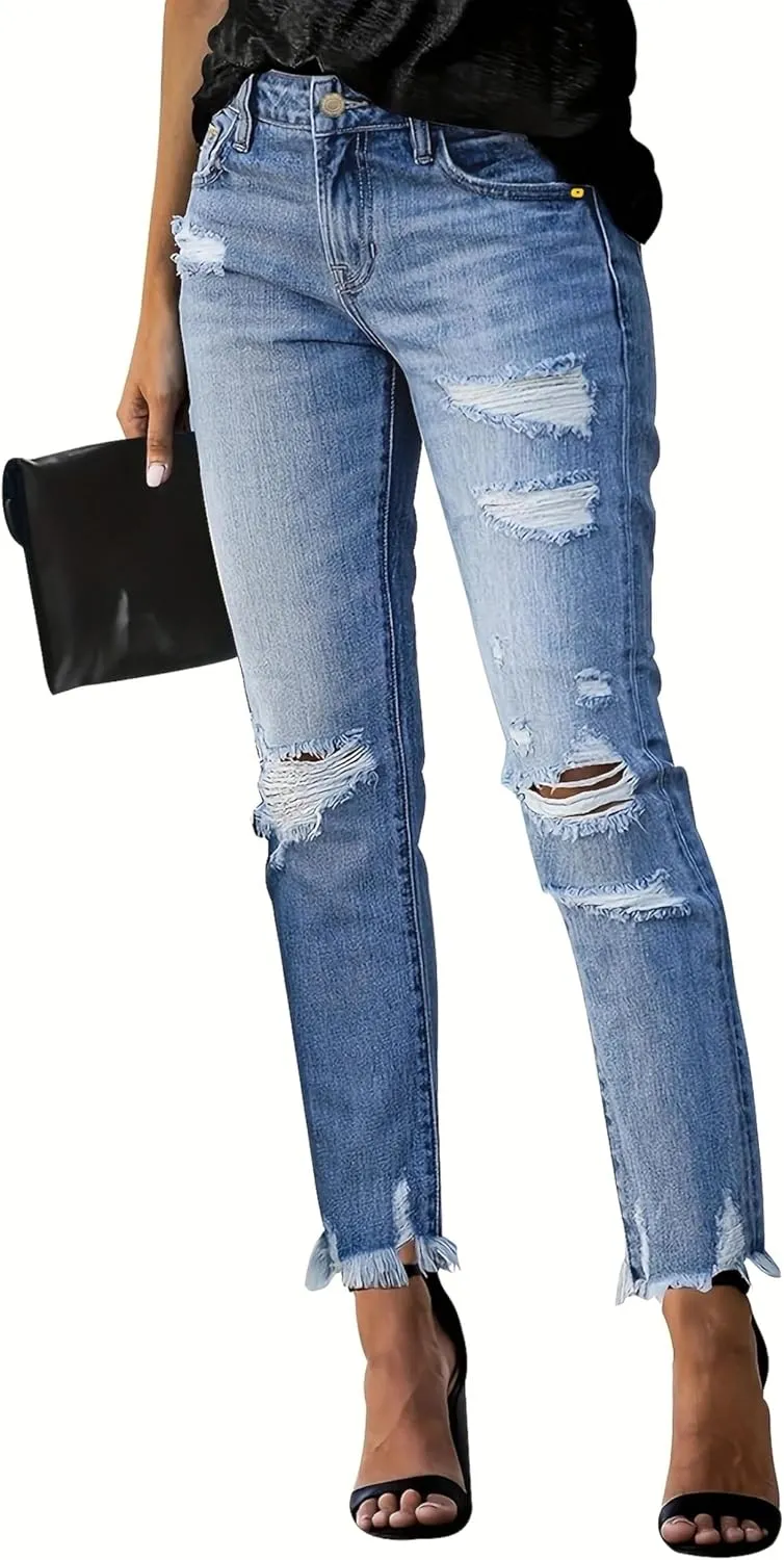 Women's Ripped Jeans Straight Leg Distressed Boyfriend Denim Pants