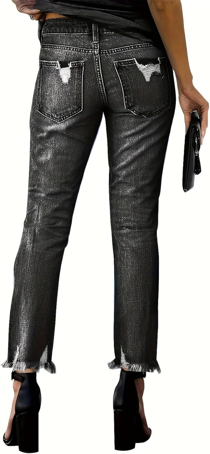 Women's Ripped Jeans Straight Leg Distressed Boyfriend Denim Pants