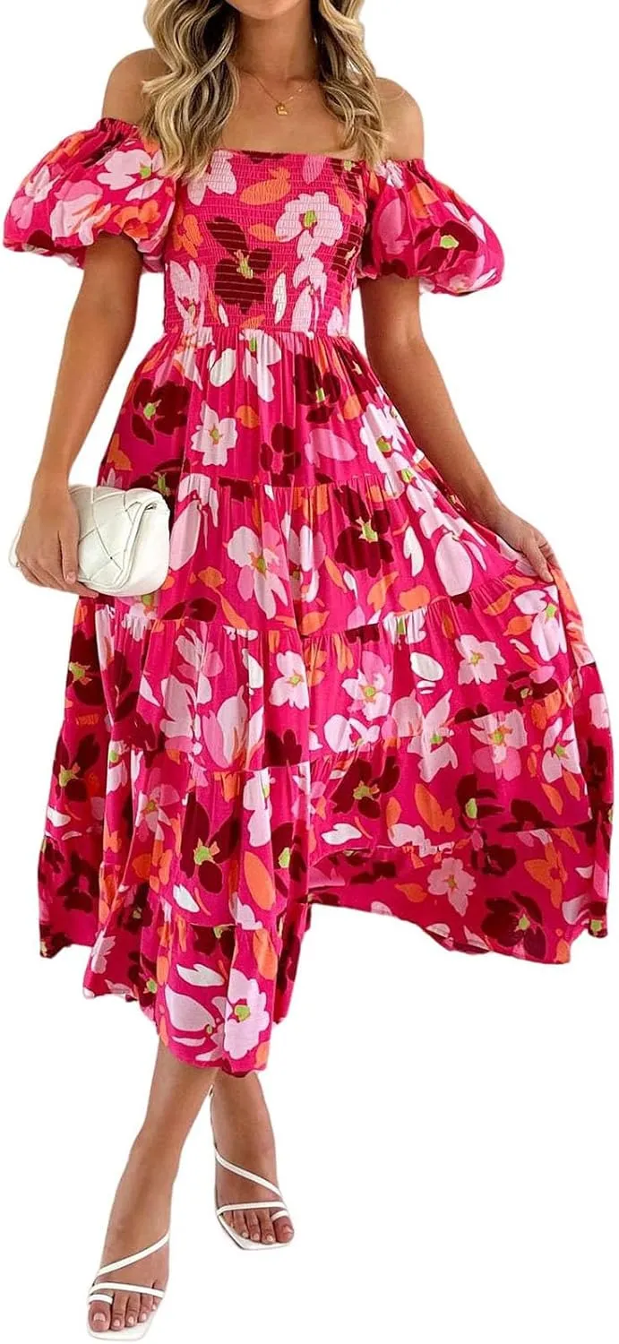 Women's Ruffle Floral Maxi Summer Dress 2025 Boho Off Shoulder Puff Sleeve Smocked Flowy Beach Dresses