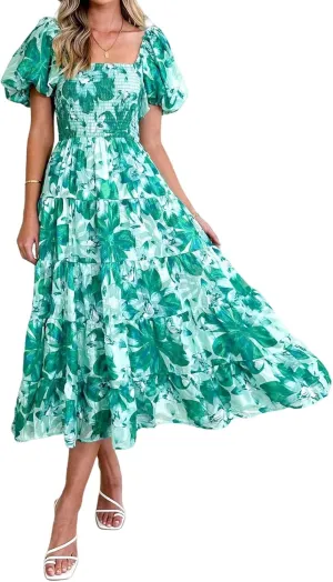 Women's Ruffle Floral Maxi Summer Dress 2025 Boho Off Shoulder Puff Sleeve Smocked Flowy Beach Dresses