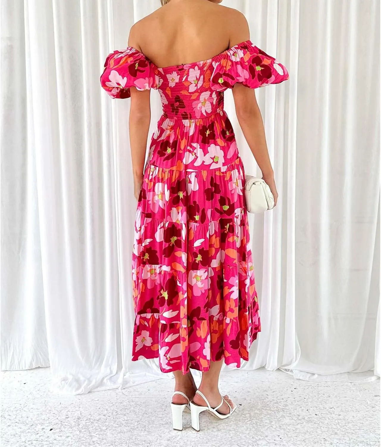 Women's Ruffle Floral Maxi Summer Dress 2025 Boho Off Shoulder Puff Sleeve Smocked Flowy Beach Dresses