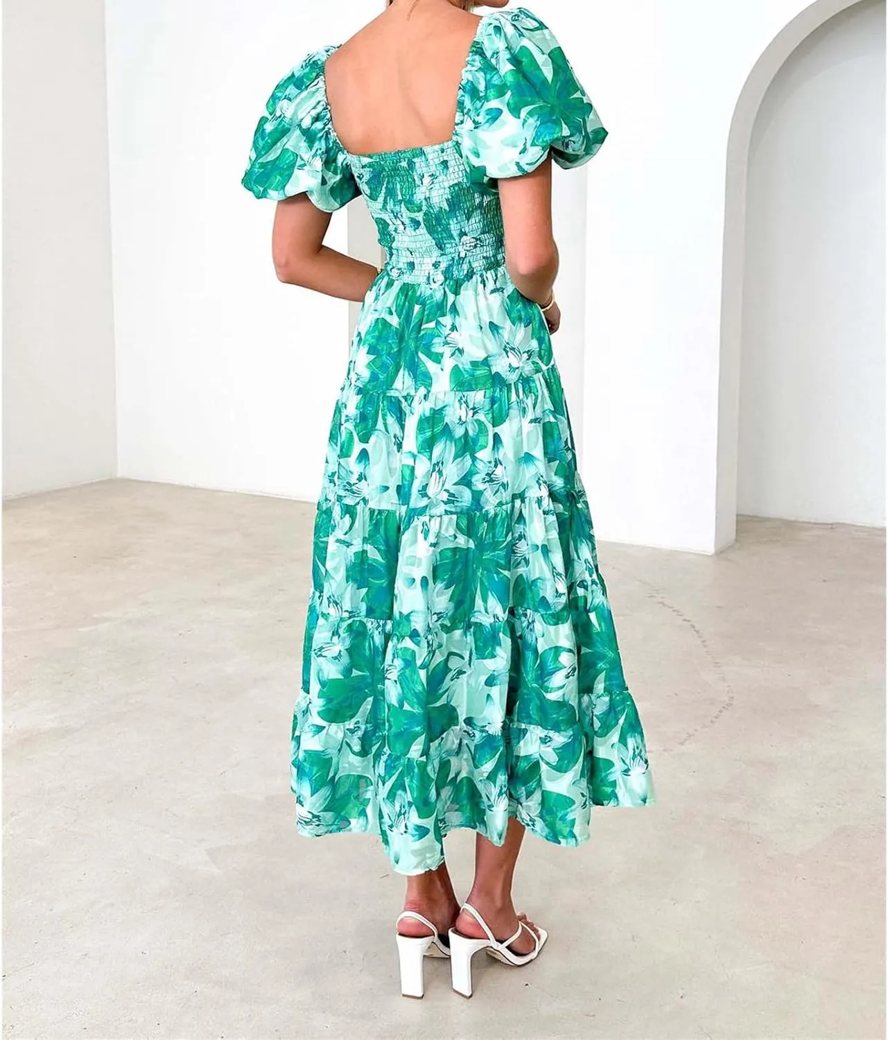 Women's Ruffle Floral Maxi Summer Dress 2025 Boho Off Shoulder Puff Sleeve Smocked Flowy Beach Dresses