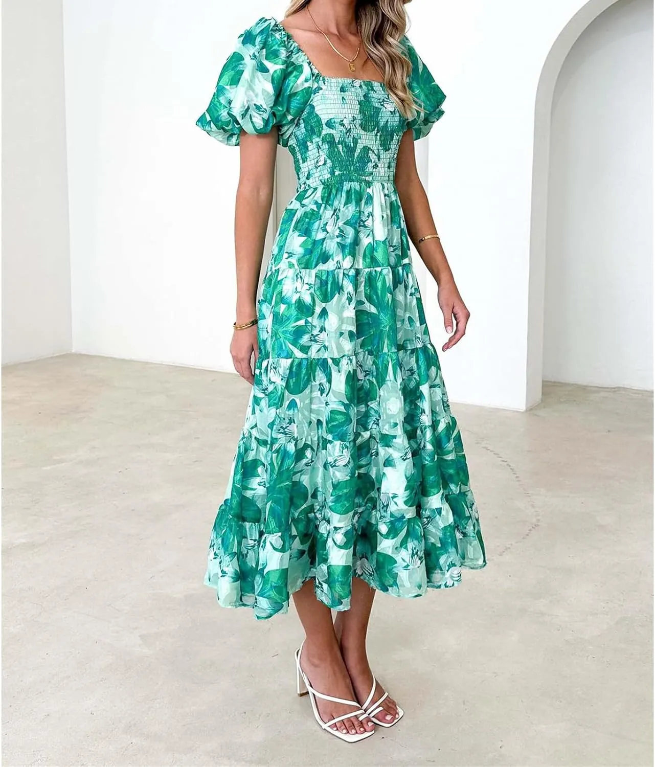 Women's Ruffle Floral Maxi Summer Dress 2025 Boho Off Shoulder Puff Sleeve Smocked Flowy Beach Dresses