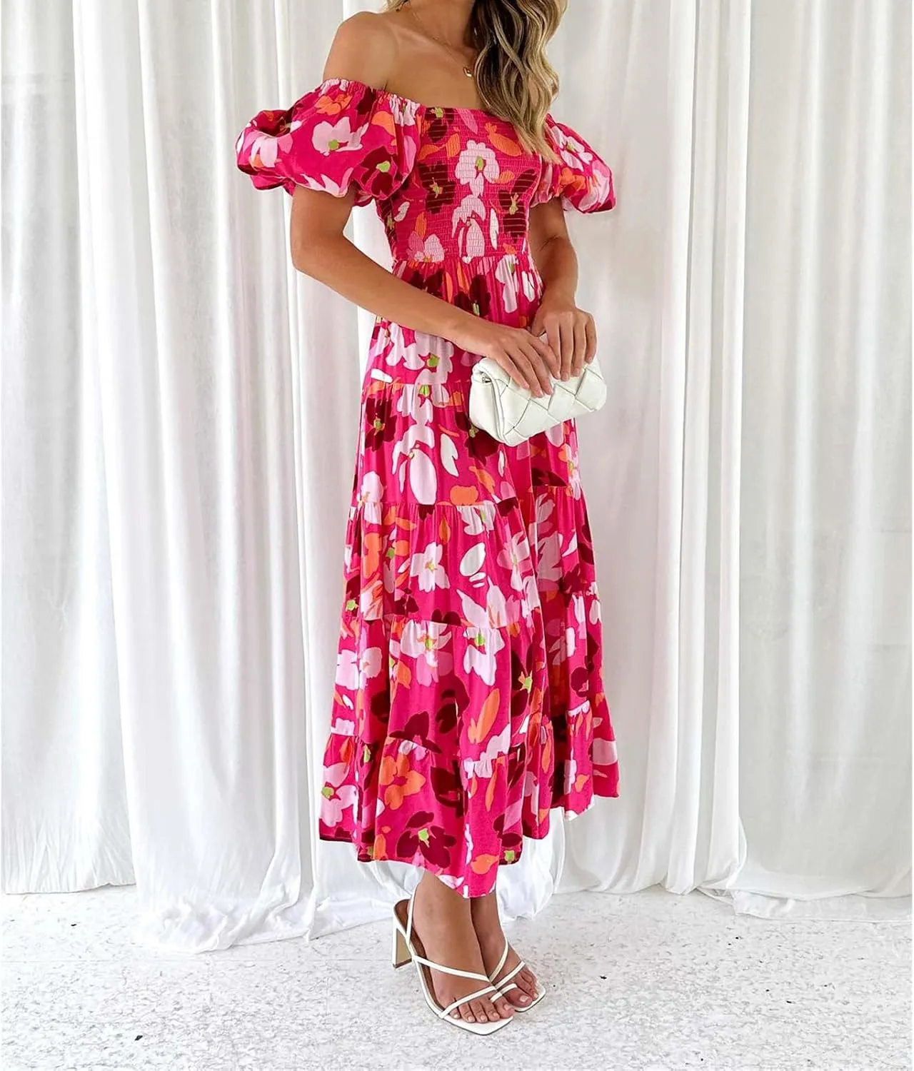 Women's Ruffle Floral Maxi Summer Dress 2025 Boho Off Shoulder Puff Sleeve Smocked Flowy Beach Dresses