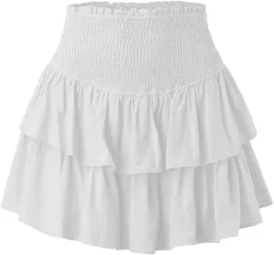 Women's Ruffle Tiered Mini Skirts Casual Smocked High Waisted Pleated Short Skirt Summer Flowy Lightweight Beach Skirt