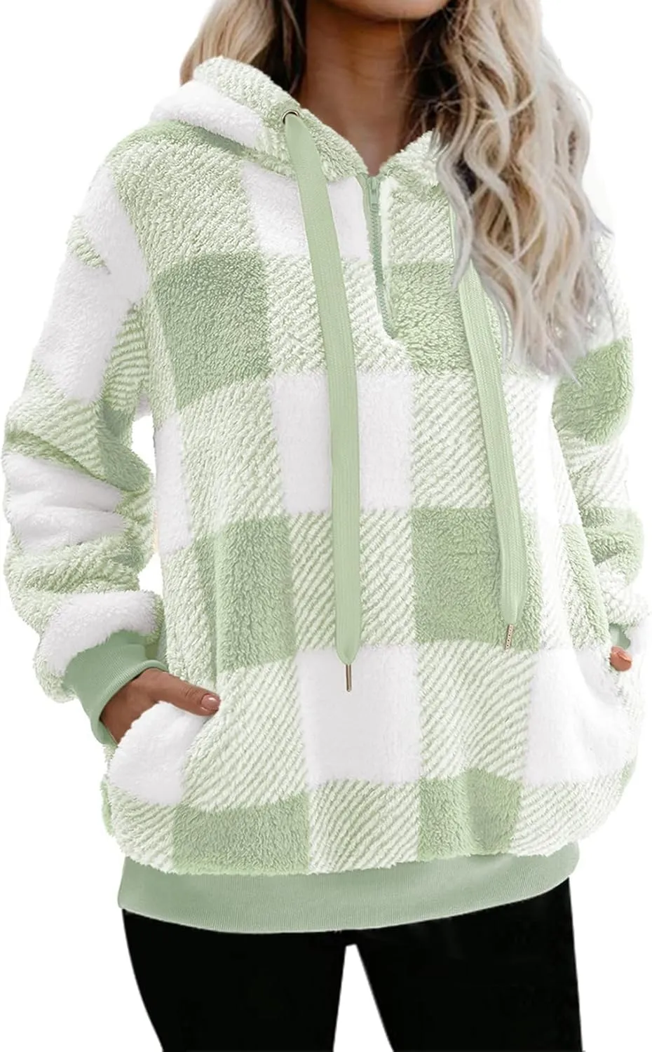 Womens Sherpa Pullover Hoodie Fleece Quarter Zip Sweatshirt Buffalo Plaid Fluffy Coat Outwear
