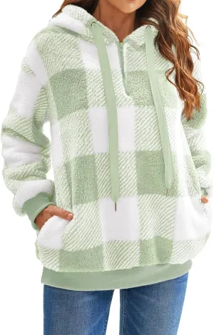 Womens Sherpa Pullover Hoodie Fleece Quarter Zip Sweatshirt Buffalo Plaid Fluffy Coat Outwear