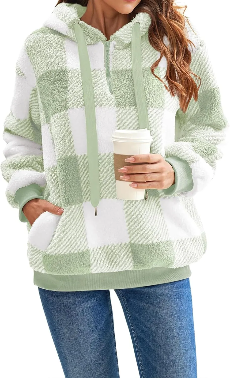 Womens Sherpa Pullover Hoodie Fleece Quarter Zip Sweatshirt Buffalo Plaid Fluffy Coat Outwear