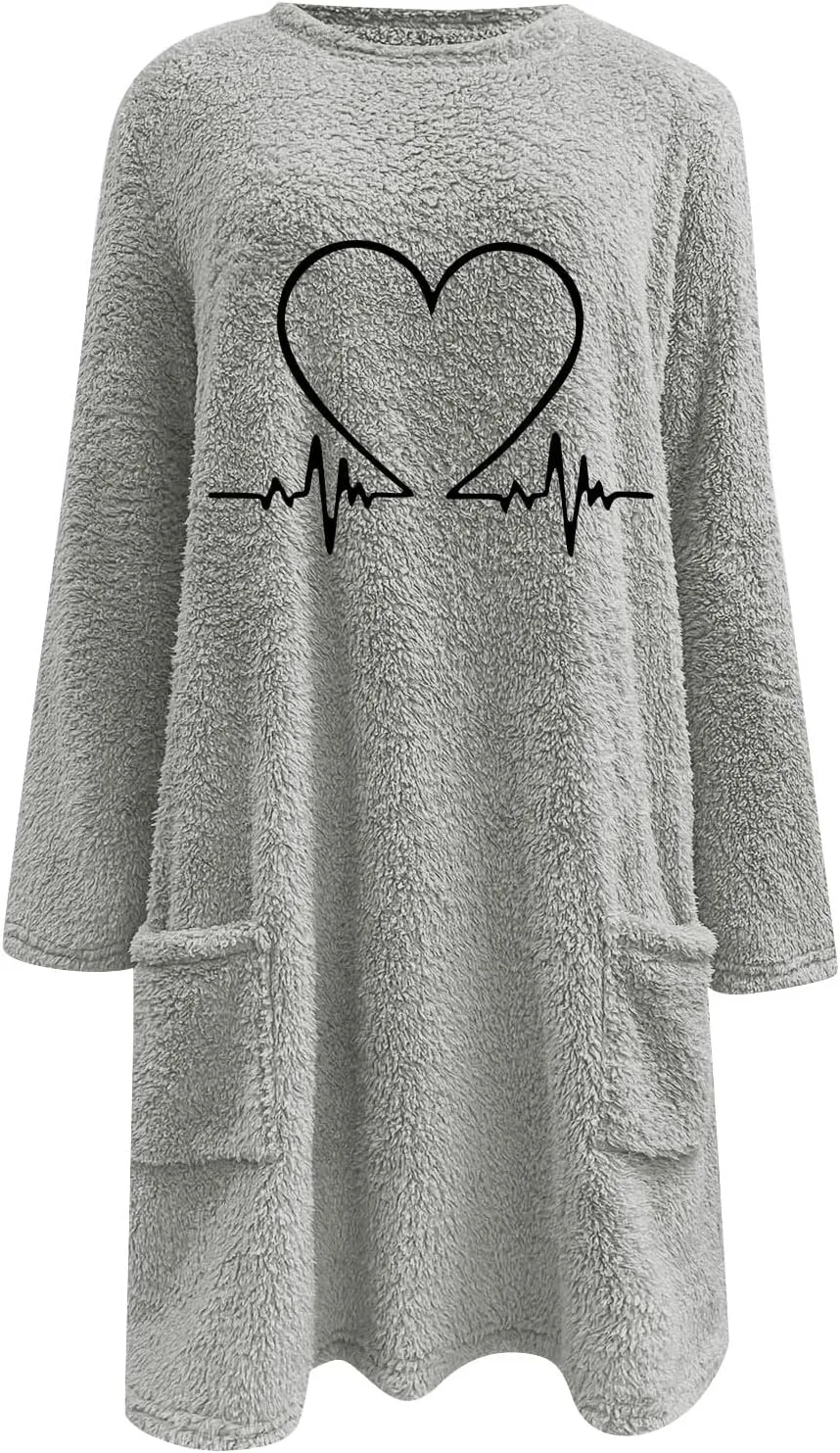 Women's Sherpa Sweatshirts Pockets Casual Pullover Sweaters Long Sleeve Heart Printed Coral Fleece Warm Winter Tops
