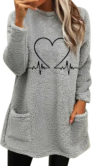 Women's Sherpa Sweatshirts Pockets Casual Pullover Sweaters Long Sleeve Heart Printed Coral Fleece Warm Winter Tops
