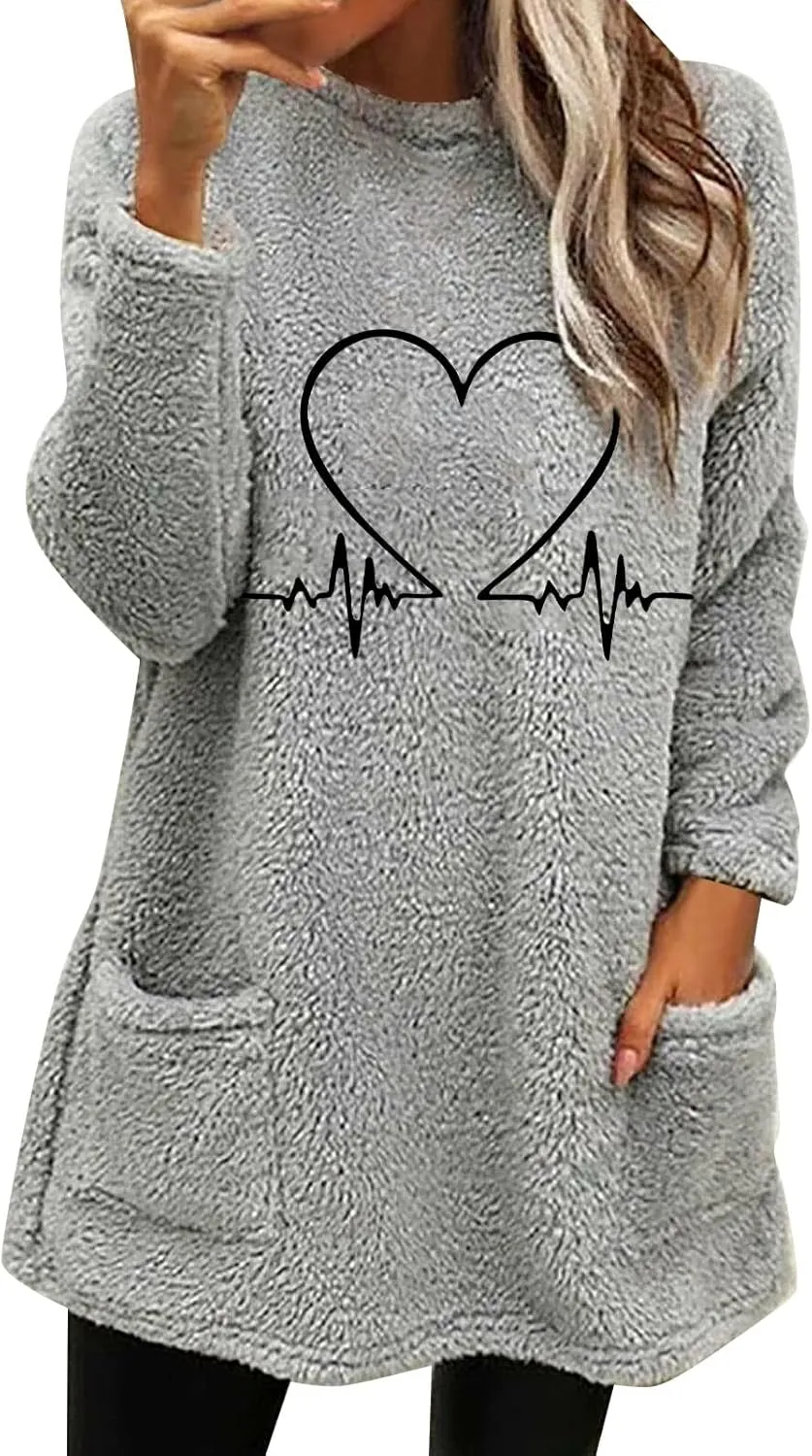 Women's Sherpa Sweatshirts Pockets Casual Pullover Sweaters Long Sleeve Heart Printed Coral Fleece Warm Winter Tops
