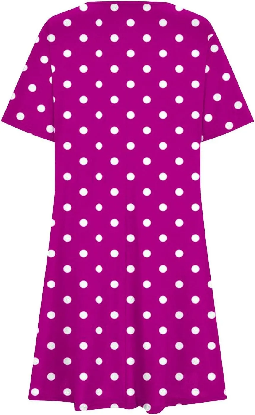 Womens Shirt Dresses 2025 Short Sleeve Crewneck Summer Dress Polka Dot Vintage Dress Loose Fit Shift Dress