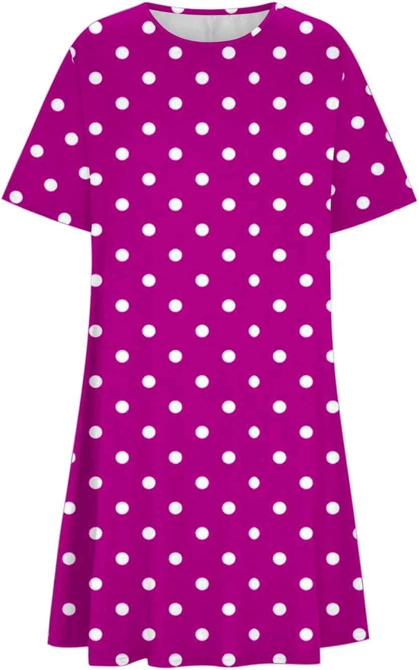 Womens Shirt Dresses 2025 Short Sleeve Crewneck Summer Dress Polka Dot Vintage Dress Loose Fit Shift Dress
