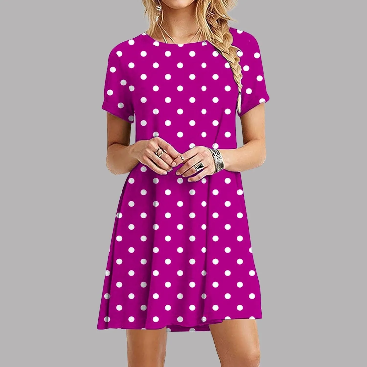 Womens Shirt Dresses 2025 Short Sleeve Crewneck Summer Dress Polka Dot Vintage Dress Loose Fit Shift Dress