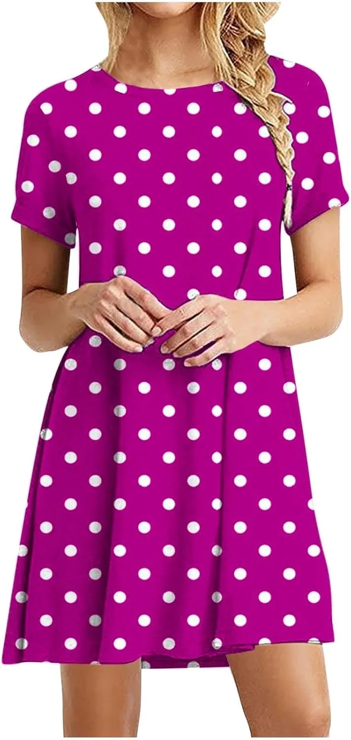 Womens Shirt Dresses 2025 Short Sleeve Crewneck Summer Dress Polka Dot Vintage Dress Loose Fit Shift Dress
