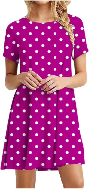 Womens Shirt Dresses 2025 Short Sleeve Crewneck Summer Dress Polka Dot Vintage Dress Loose Fit Shift Dress