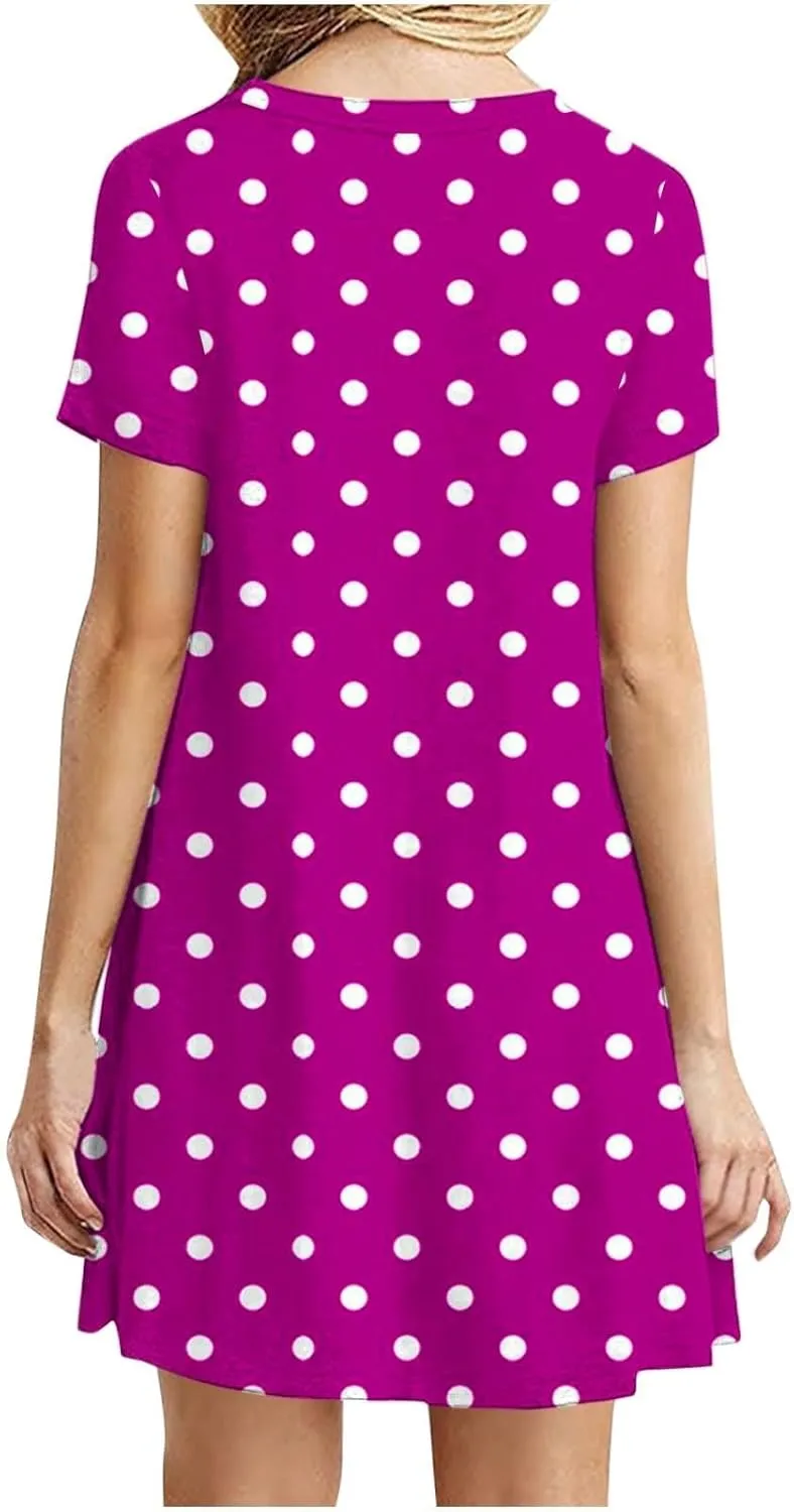 Womens Shirt Dresses 2025 Short Sleeve Crewneck Summer Dress Polka Dot Vintage Dress Loose Fit Shift Dress