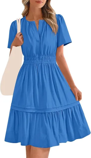 Womens Short Sleeve Dresses Summer Flowy V Neck Midi Dress Casual High Waist Tunic Pleated Ruffle Hem Beach Sundress