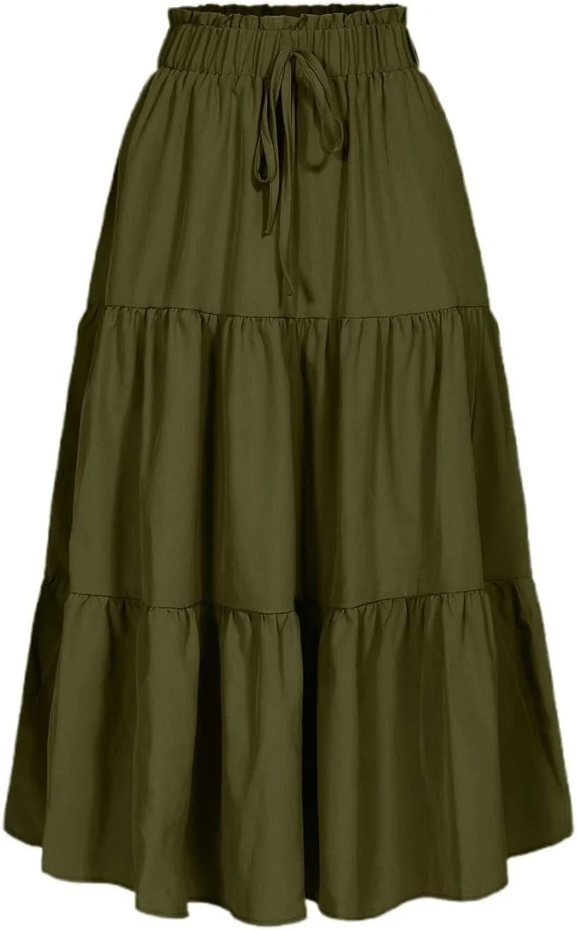 Womens Skirts for Summer Vacation Casual High Elastic Waist Drawstring Ruffles Tummy Control A-Line Loose Midi Skirts