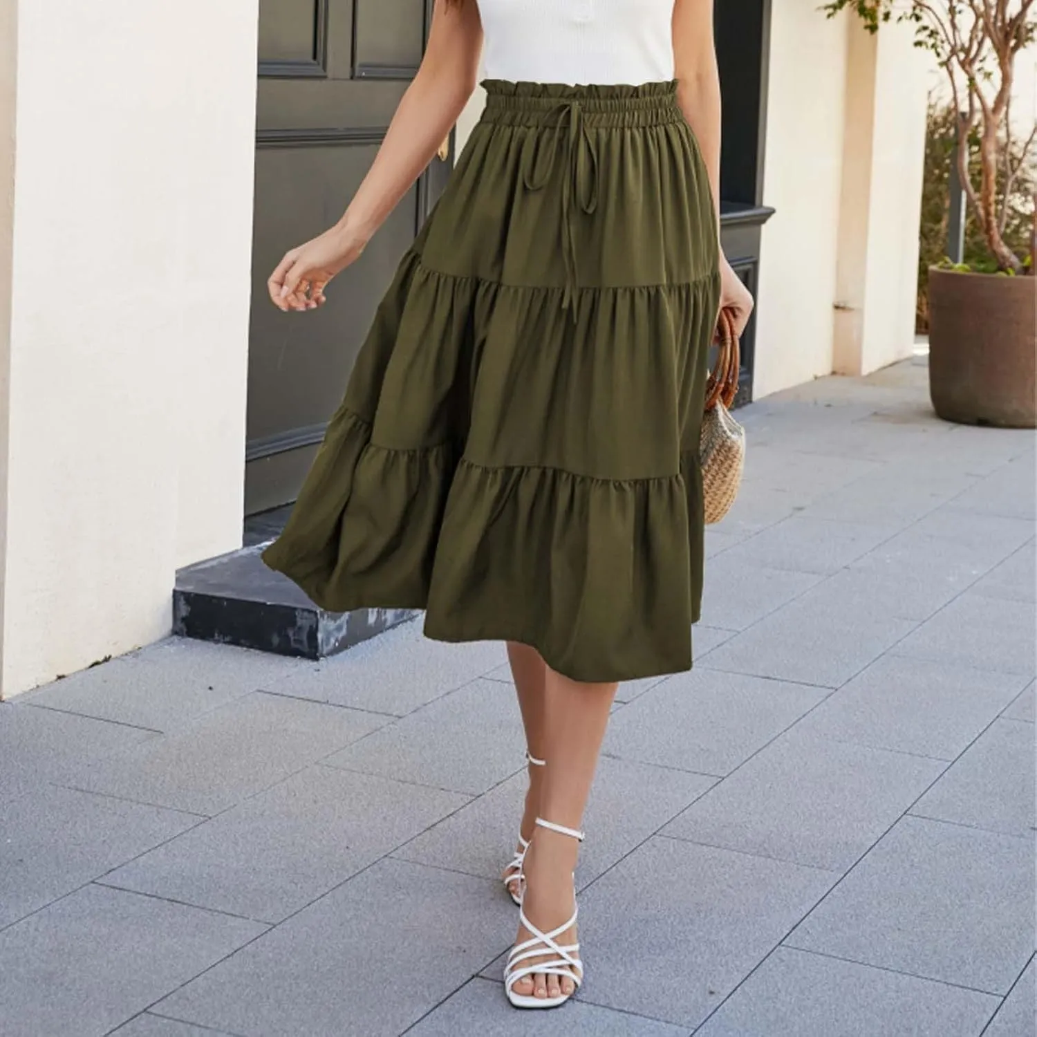 Womens Skirts for Summer Vacation Casual High Elastic Waist Drawstring Ruffles Tummy Control A-Line Loose Midi Skirts