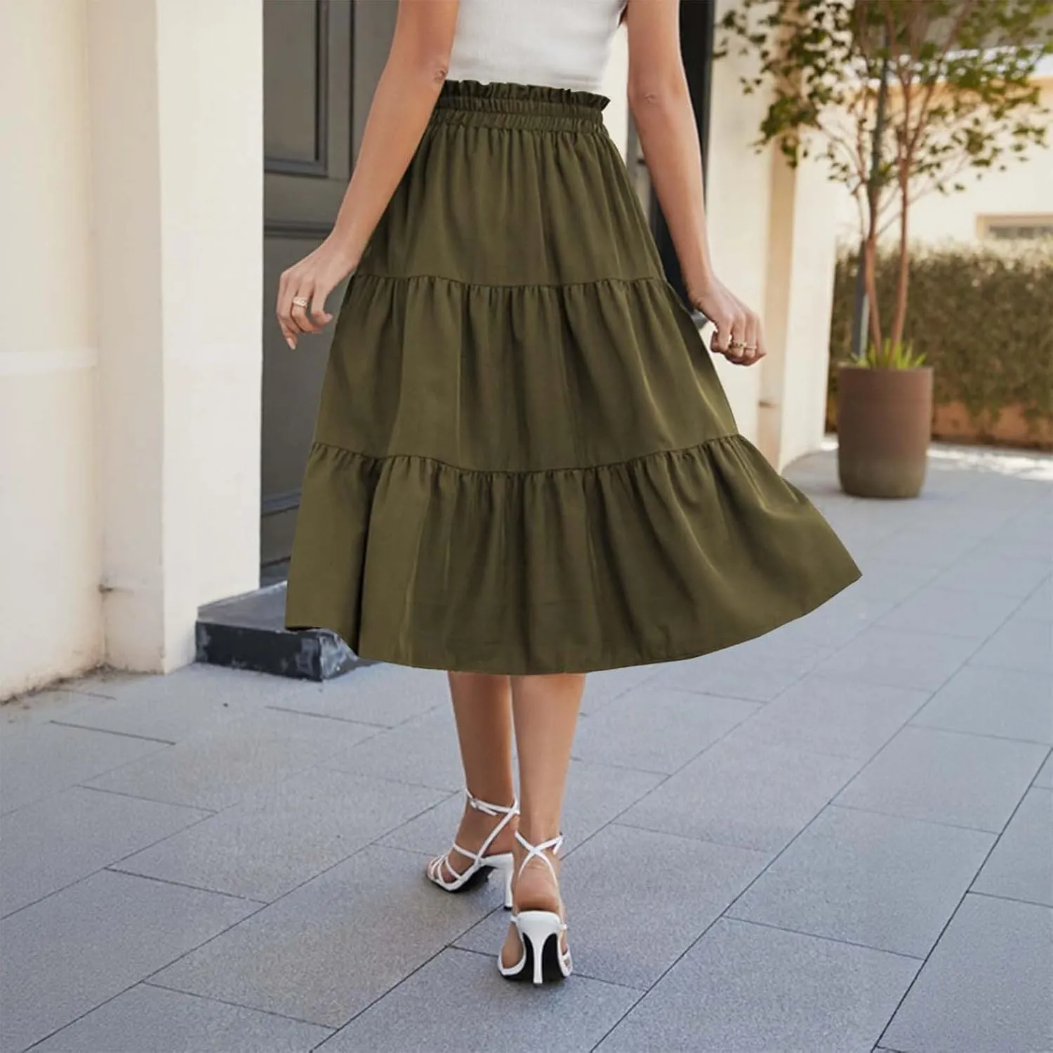 Womens Skirts for Summer Vacation Casual High Elastic Waist Drawstring Ruffles Tummy Control A-Line Loose Midi Skirts