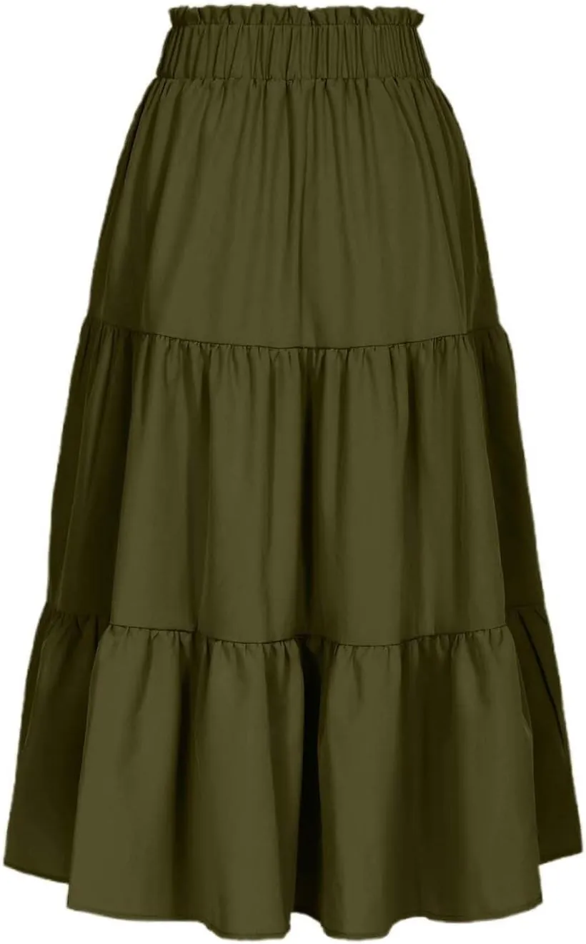 Womens Skirts for Summer Vacation Casual High Elastic Waist Drawstring Ruffles Tummy Control A-Line Loose Midi Skirts