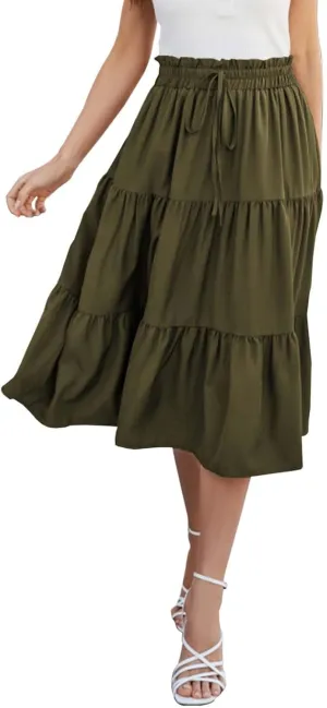 Womens Skirts for Summer Vacation Casual High Elastic Waist Drawstring Ruffles Tummy Control A-Line Loose Midi Skirts