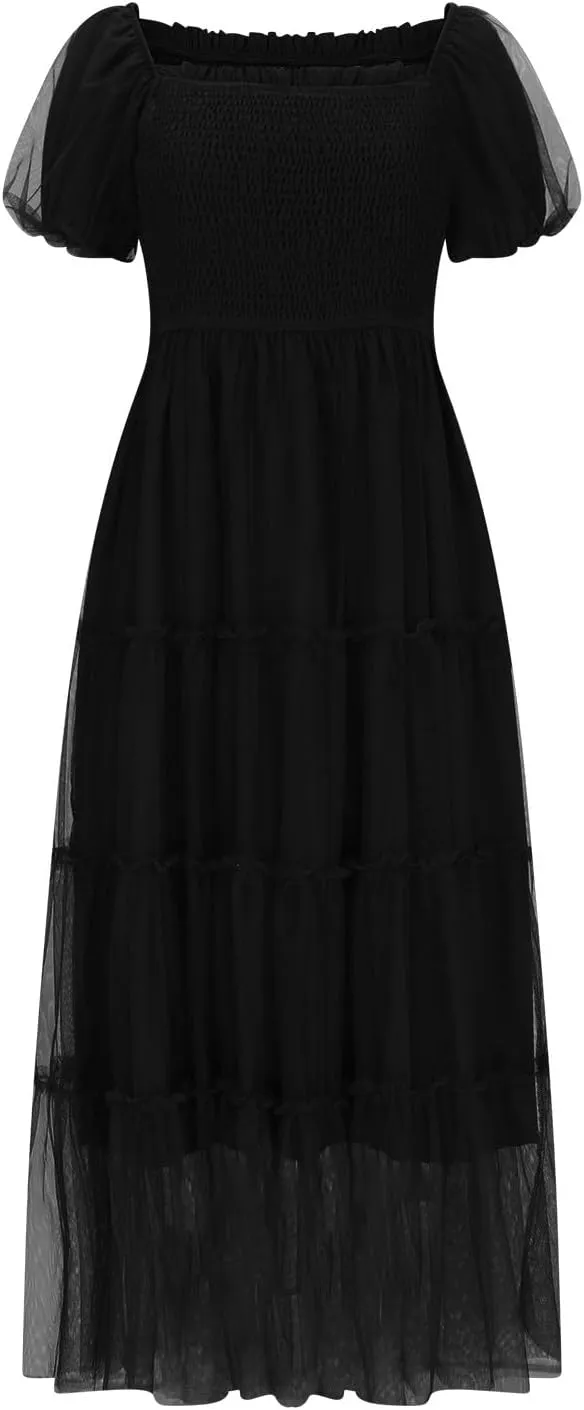 Women's Smocked Midi Tulle Dress 2025 Summer Puffy Short Sleeve Square Neck Dress Ruffle Wedding Guest Party Dresses