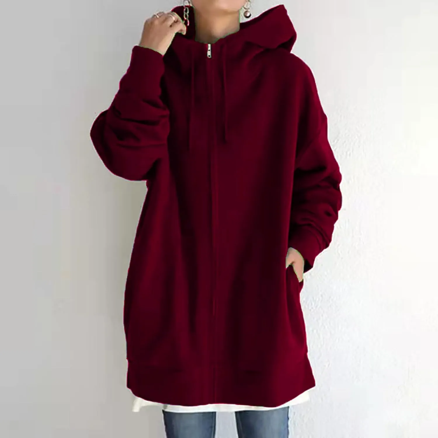 Womens Solid Color Street Style Hooded Long Zipper Sweatshirt With Fleece All Sweatshirt