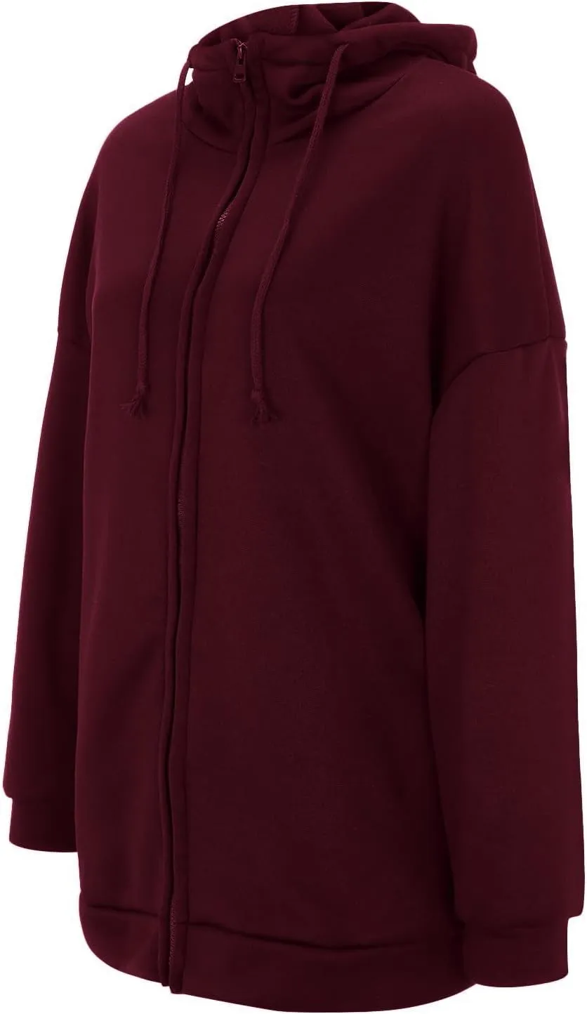 Womens Solid Color Street Style Hooded Long Zipper Sweatshirt With Fleece All Sweatshirt