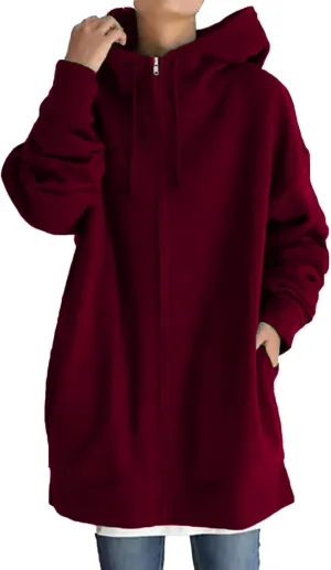 Womens Solid Color Street Style Hooded Long Zipper Sweatshirt With Fleece All Sweatshirt
