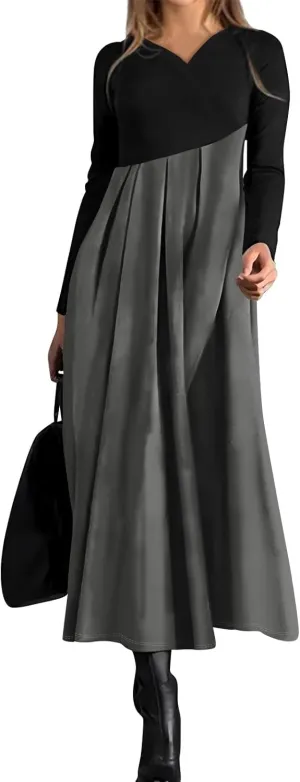 Womens Spring Dresses 2025 V Neck Long Sleeve Midi Vacation Cute Modest Ladies Cruise Holiday Dress
