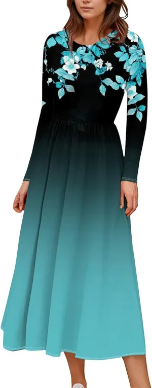 Womens Spring Fashion 2025 Dress Long Sleeve O Neck Midi Elegant Tea Length Summer Trendy Fitted Dressy Dress
