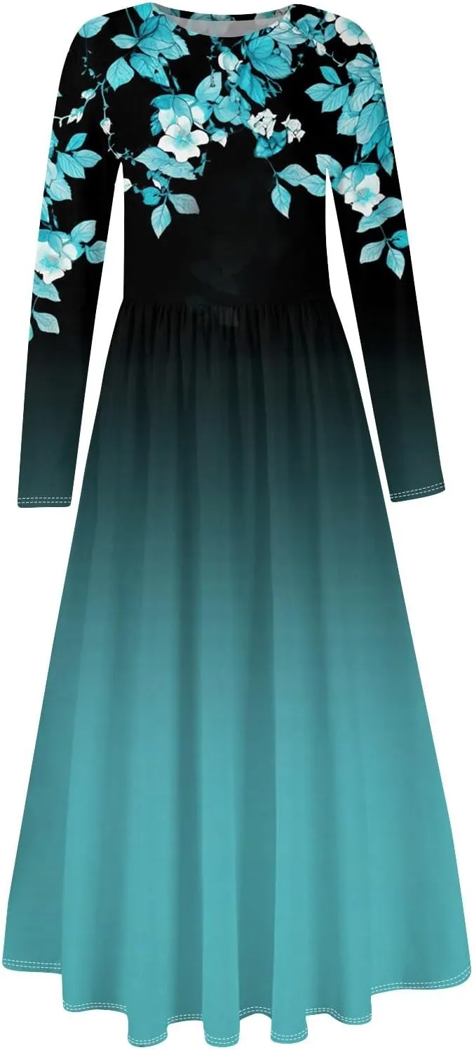 Womens Spring Fashion 2025 Dress Long Sleeve O Neck Midi Elegant Tea Length Summer Trendy Fitted Dressy Dress