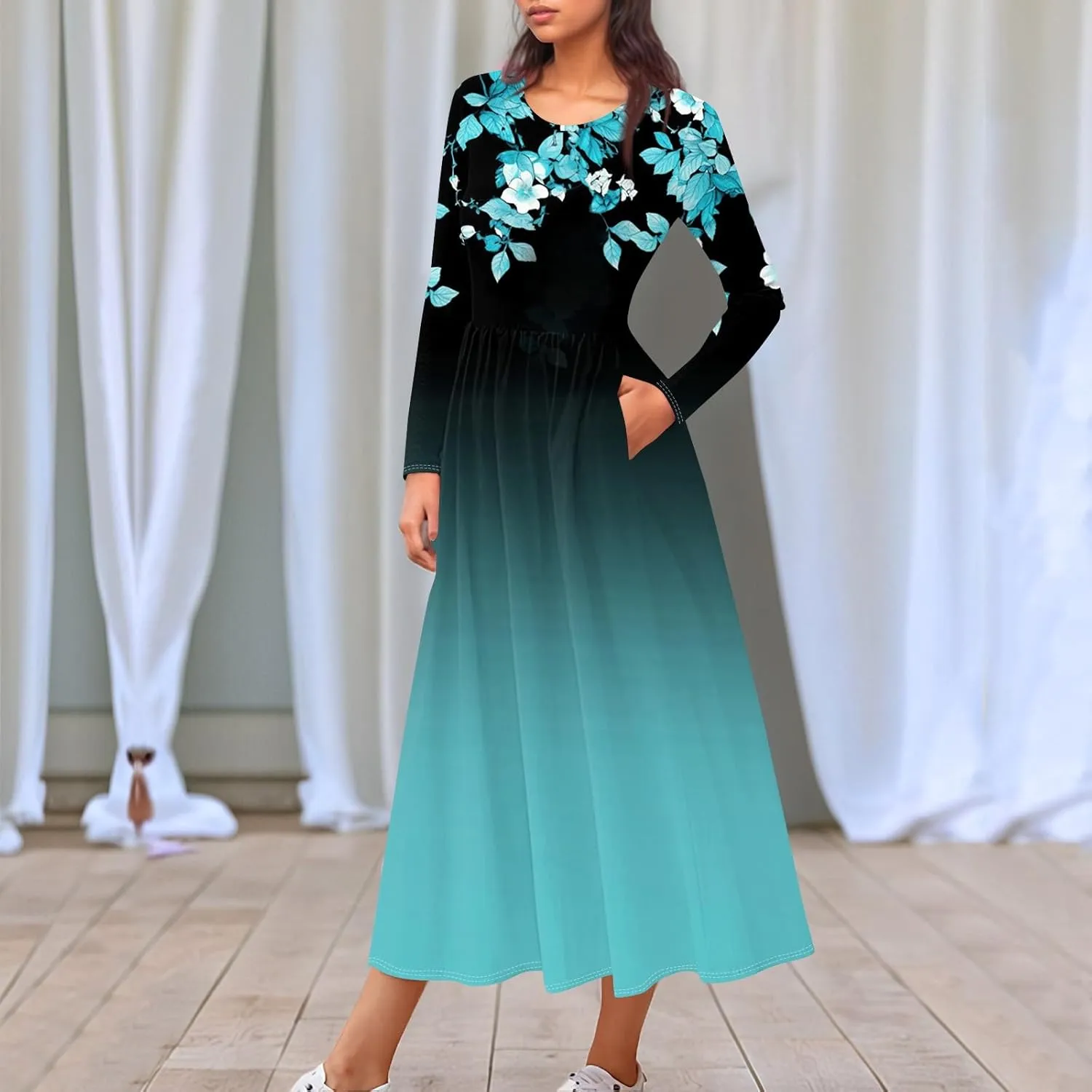 Womens Spring Fashion 2025 Dress Long Sleeve O Neck Midi Elegant Tea Length Summer Trendy Fitted Dressy Dress