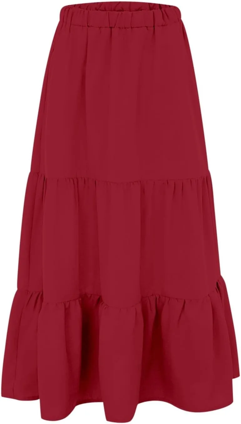 Womens Summer Boho Elastic Waist A-Line Beach Flowy Swing Ruffle Hem Tiered Comfy Casual Maxi Skirt with Pockets