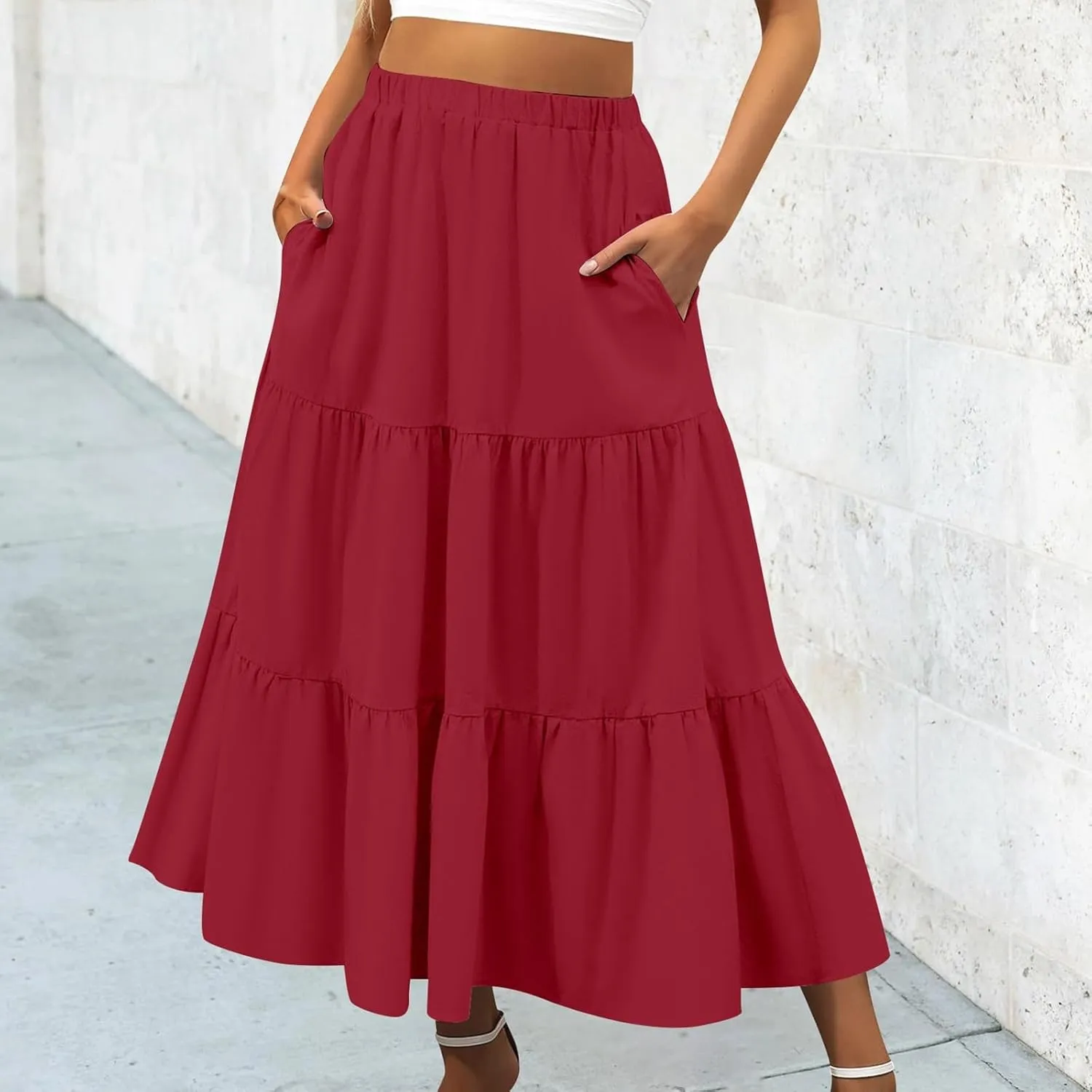 Womens Summer Boho Elastic Waist A-Line Beach Flowy Swing Ruffle Hem Tiered Comfy Casual Maxi Skirt with Pockets