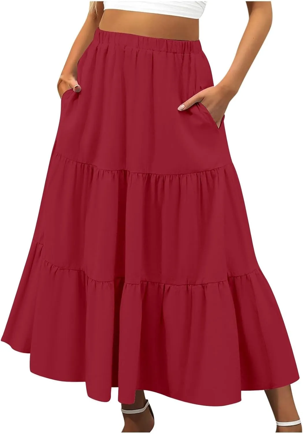 Womens Summer Boho Elastic Waist A-Line Beach Flowy Swing Ruffle Hem Tiered Comfy Casual Maxi Skirt with Pockets
