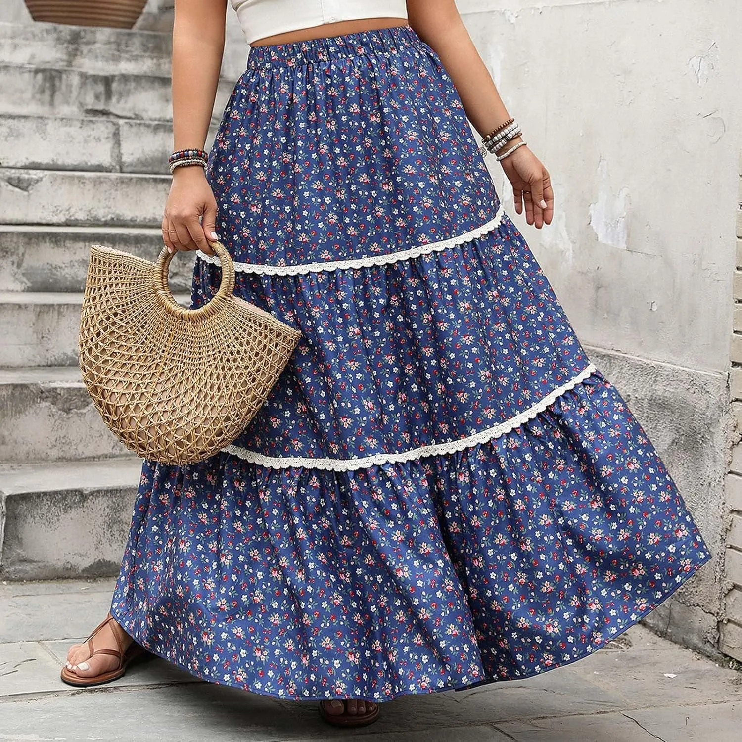 Women's Summer Boho Floral Maxi Skirts Casual Flowy Tiered A-Line High Elastic Waist Long Skirt