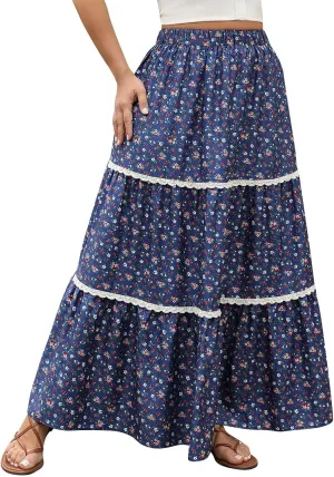 Women's Summer Boho Floral Maxi Skirts Casual Flowy Tiered A-Line High Elastic Waist Long Skirt