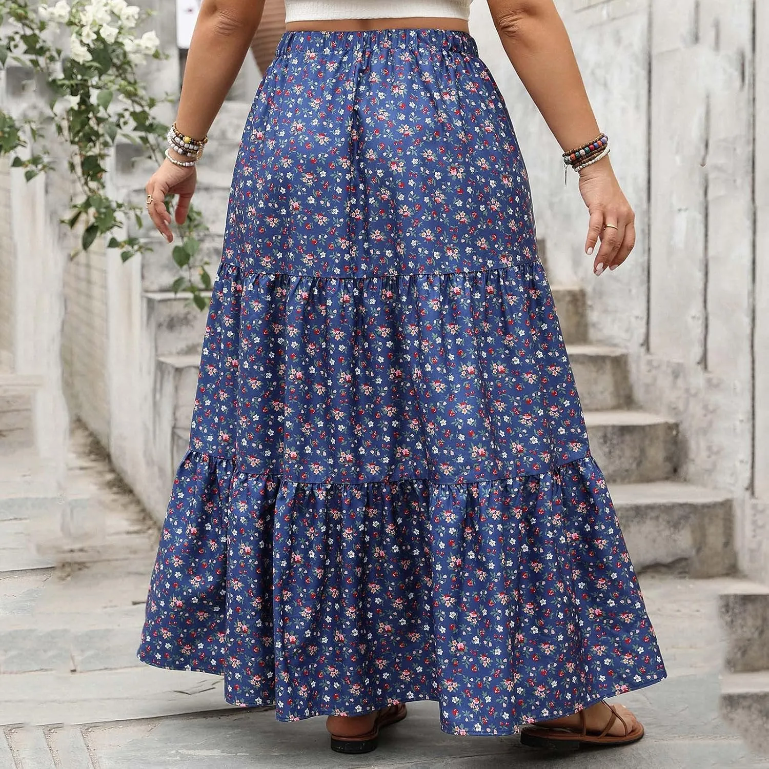 Women's Summer Boho Floral Maxi Skirts Casual Flowy Tiered A-Line High Elastic Waist Long Skirt