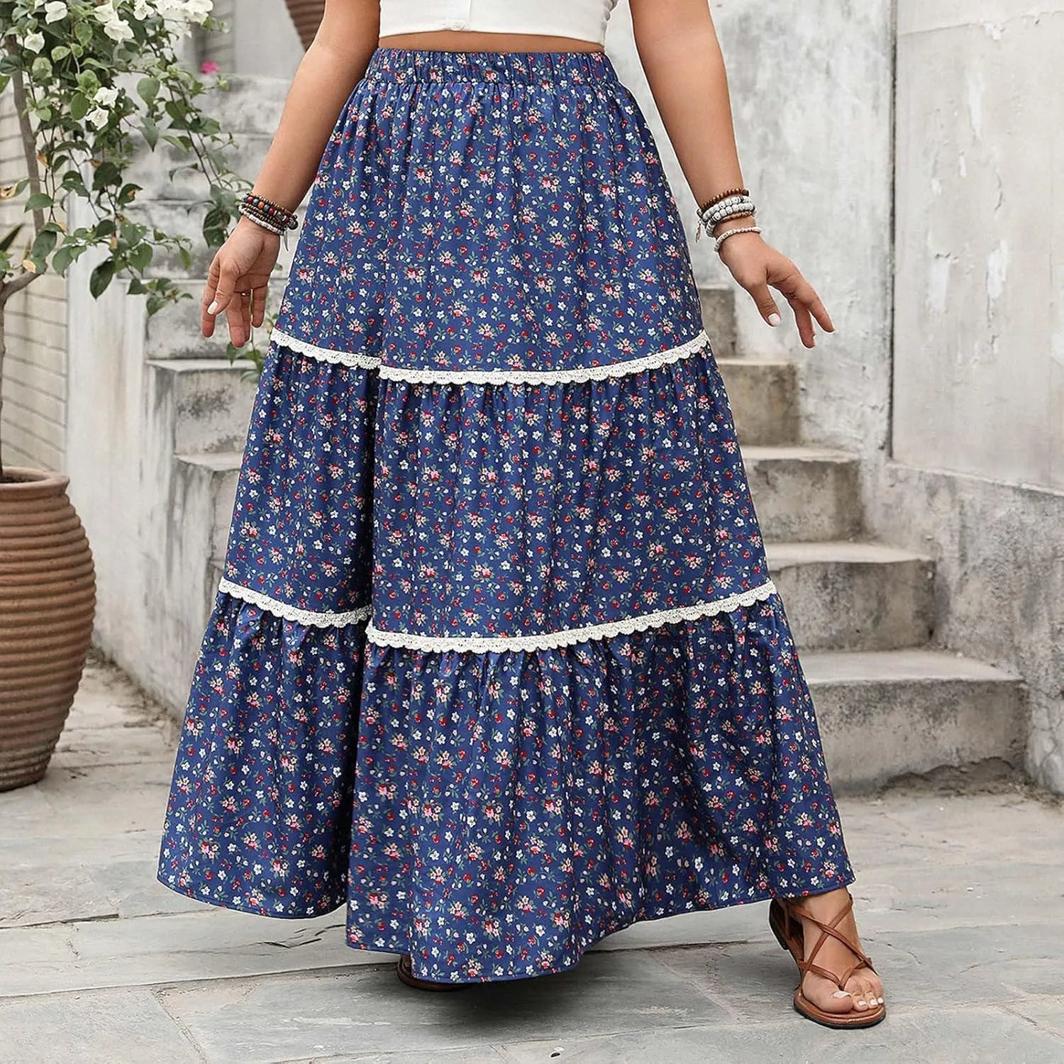 Women's Summer Boho Floral Maxi Skirts Casual Flowy Tiered A-Line High Elastic Waist Long Skirt