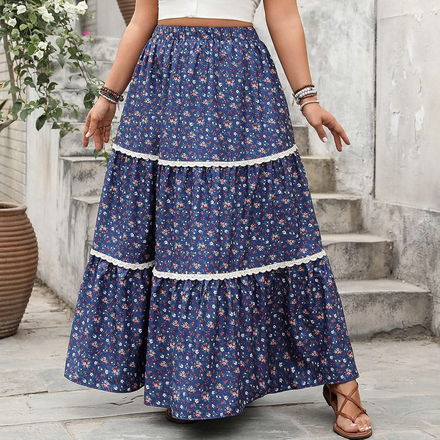 Women's Summer Boho Floral Maxi Skirts Casual Flowy Tiered A-Line High Elastic Waist Long Skirt