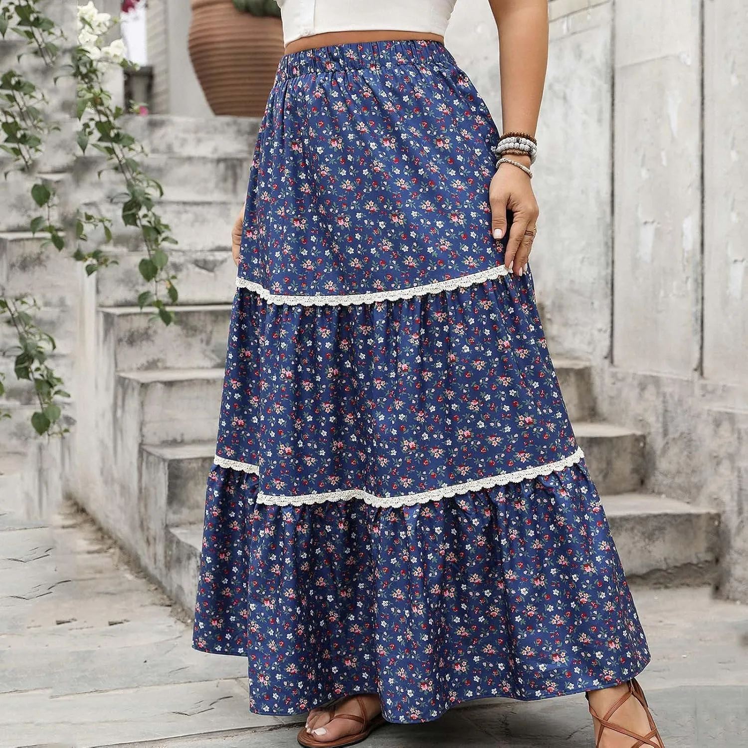 Women's Summer Boho Floral Maxi Skirts Casual Flowy Tiered A-Line High Elastic Waist Long Skirt