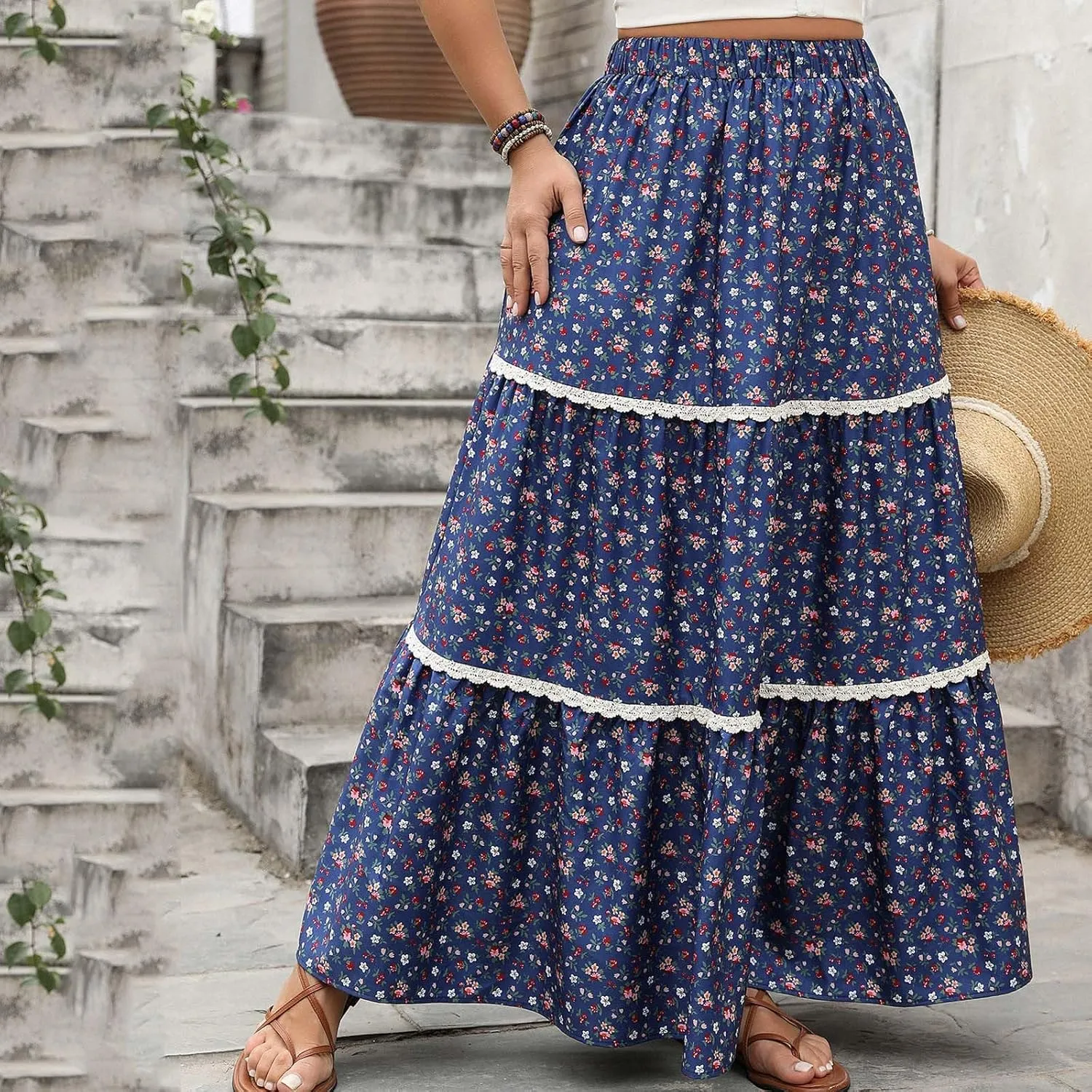 Women's Summer Boho Floral Maxi Skirts Casual Flowy Tiered A-Line High Elastic Waist Long Skirt